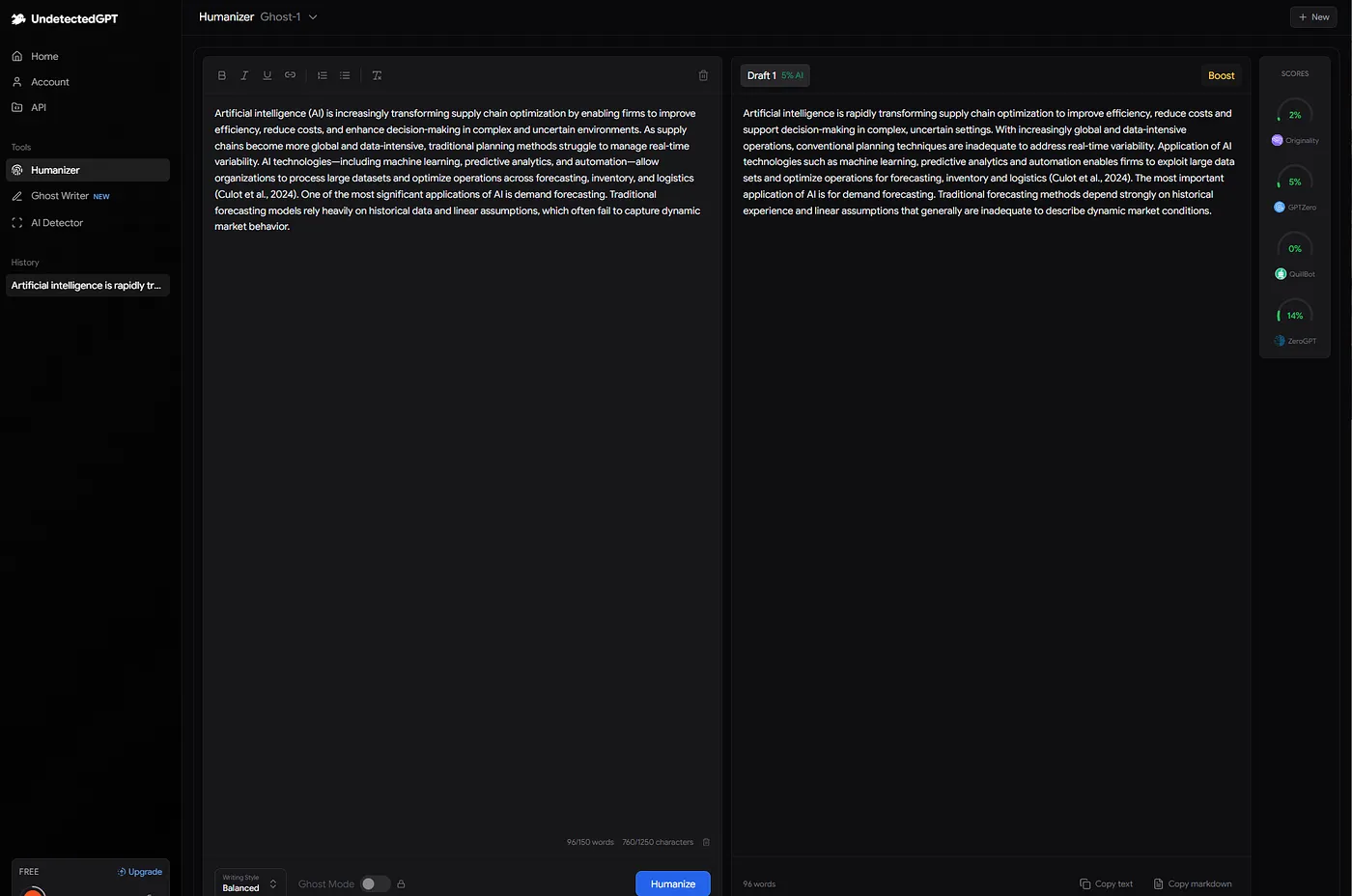 UndetectedGPT (Ghost-1) humanized output with Originality and GPTZero scores in sidebar